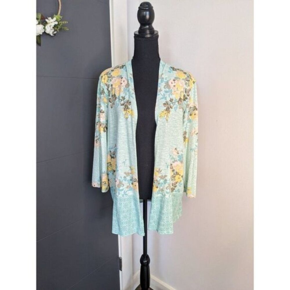 NWT Chico's Medallion Galore Blue Floral Open-Front Knit Jacket -‎ Size 2 (L/12)